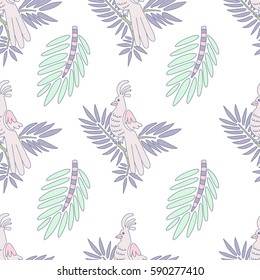 Doodle parrot and exotic leafs seamless pattern