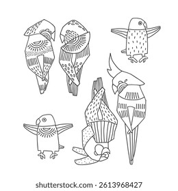 Doodle parrots. Cartoon funny birds.
