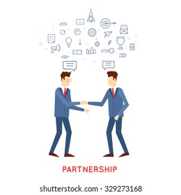 Doodle partnership, ?ooperation, the two men shake hands, contracts, agreements, business. Flat design.