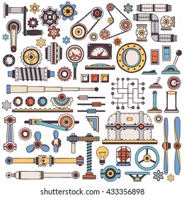 partes doodle de máquinas e mecanismos em cores. Feito à mão. Crie uma máquina punk a vapor.