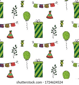 Doodle Party Hintergrund. Handgezeichnete Sketch-Elemente. Nahtloses Muster.