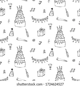 Fondo de la fiesta del Doodle. Elementos de esbozo dibujados a mano. Patrón sin foco.
