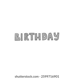 Doodle party Birthday text icon. Abstract simple hand drawn sketch element, cute marker pen scribble sign. Vector border garland and frame icon.