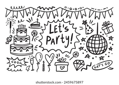 Doodle party elements Hand drawn set. Sketch icons for invitation, flyer, poster. Vector illustration