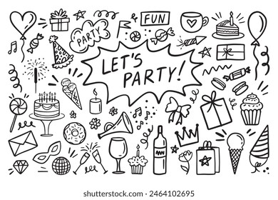 Doodle party elements Hand drawn set. Sketch icons for invitation, flyer, poster. Vector illustration