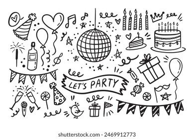 Doodle party elements Hand drawn set. Sketch icons for invitation, flyer, poster. Vector illustration