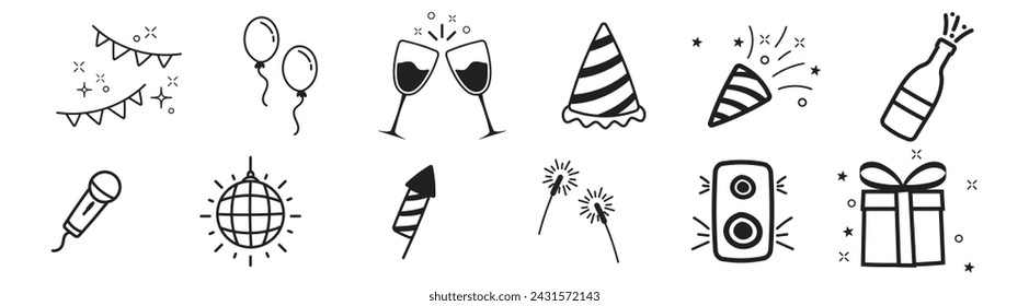 doodle party icon bundle hand drawing style sketch black, confetti decoration