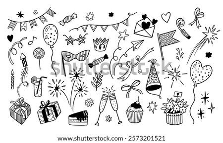 Doodle party icons. Abstract simple hand drawn sketch elements, cute marker pen scribble signs. Vector border garland and frame set.