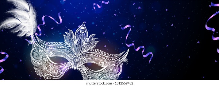 Doodle party mask illustration on shiny blue background for Carnival party concept header or banner design.