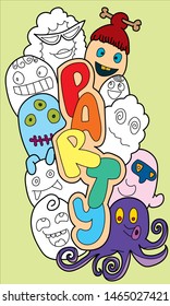 doodle party set. Vector illustration of Celebration party carnival festive icons set. Hand drawn, Sketch icons for invitation,  poster