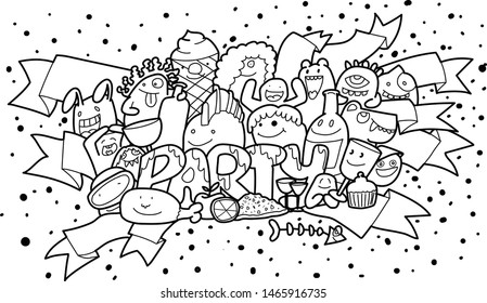 doodle party set. Vector illustration of Celebration party carnival festive icons set. Hand drawn, Sketch icons for invitation,  poster