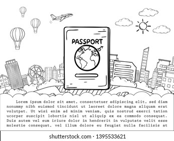 doodle passport and airplane check in point travel around the world concept on blue Background. blank space for text and content paper art, vector, banner, Hand Draw,