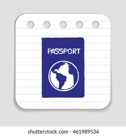 Doodle passport icon. Blue pen hand drawn infographic symbol on notepaper. Line art style design element. International identification, tourism, travel, check in, passport control, citizenship concept