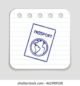 Doodle passport icon. Blue pen hand drawn infographic symbol on notepaper. Line art style design element. International identification, tourism, travel, check in, passport control, citizenship concept