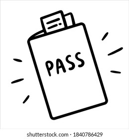 Pasaporte Doodle con boletos dentro. Documento de esbozo dibujado a mano. Bordes negros aislados en un fondo blanco. Ilustración de material vectorial simple estilizada.