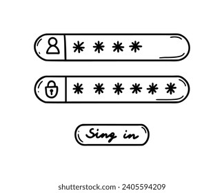 Doodle password register form. User name verification and authorisation. Hand drawn sketch login, logout, sign in illustration. Mobile app and pc user interface