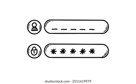 Formulario de registro de Contraseña Doodle. Verificación y autorización del nombre de usuario. Inicio de sesión de boceto dibujado a mano, cierre de sesión, ilustración Iniciar sesión. App móvil e interfaz de usuario de PC