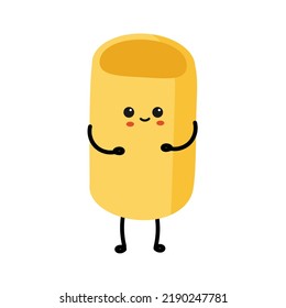Doodle pasta character. Cute Italian traditional wheat food. Cartoon macaroni mascot with hands legs and kawaii face. Menu decorative element. Vector 