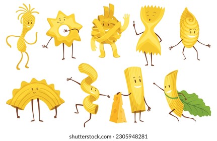 Doodle pasta characters. Cute Italian wheat food. Pasta noodles character design. Menu decorative elements. Vector meal set