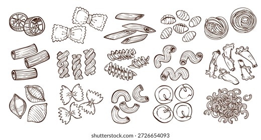 Doodle pasta set of different shapes isolated on white background. Vector illustration of black line spaghetti noodles, tagliatelle, fusilli, linguine, farfalle, ravioli, traditional Italian food