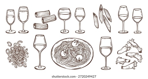 Doodle pasta and wine glasses set isolated on white. Vector illustration of hand drawn traditional Italian food icons, line art cocktail glasses and different sorts of macaroni, restaurant menu design