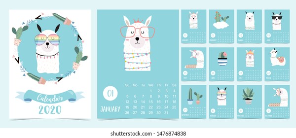 Doodle pastel 2020 calendar set with llama,alpaca,cactus for children.Can be used for printable graphic.Editable element