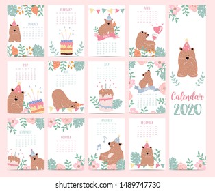 Doodle pastel animal calendar set 2020 with bear,flower,leaves for children.Can be used for printable graphic.Editable element