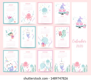 Doodle pastel animal calendar set 2020 with mermaid,caticorn,narwhale for children.Can be used for printable graphic.Editable element