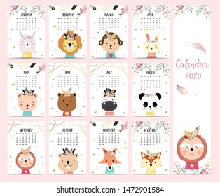 Doodle pastel boho calendar set 2020 with feather,gold geometric,heart,flower,leaves for children.Can be used for printable graphic.Editable element