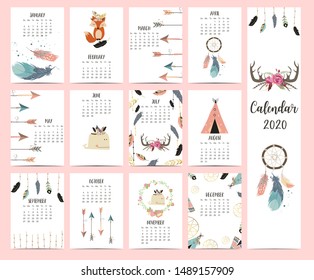 Doodle pastel boho calendar set 2020 with feather,fox,arrow,wild,dreamcatcher for children.Can be used for printable graphic.Editable element