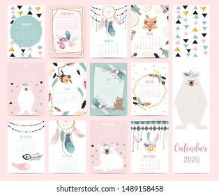 Doodle pastel boho calendar set 2020 with feather,gold geometric,bear,dreamcatcher for children.Can be used for printable graphic.Editable element