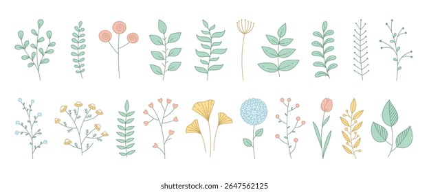 Doodle pastel botanical elements set. Collection of soft-colored hand drawn floral and leaf doodles. Decorative nature-themed illustrations in gentle tones. Vector 10 EPS.