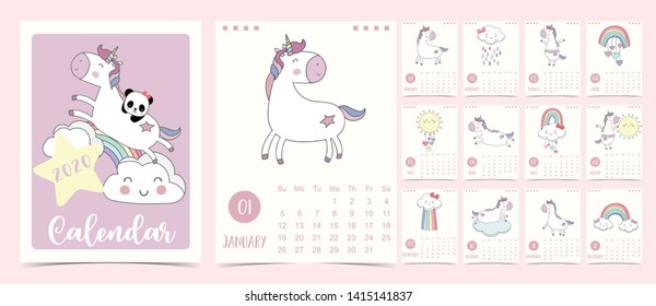 Doodle pastel calendar set 2020 with unicorn,rainbow,cloud for children.Can be used for printable graphic 