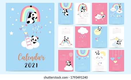 Doodle pastel calendar set 2021 with panda,rainbow,sun for children.Can be used for printable graphic 