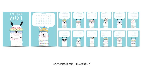 Doodle pastel calendar set 2021 with llama for children.Can be used for printable graphic.Editable element