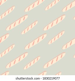 Doodle pastel palette seamless pattern with light pink bread silhouettes. Grey light background. French breakfast print. Perfect for fabric design, textile print, wrapping, cover. Vector illustration.