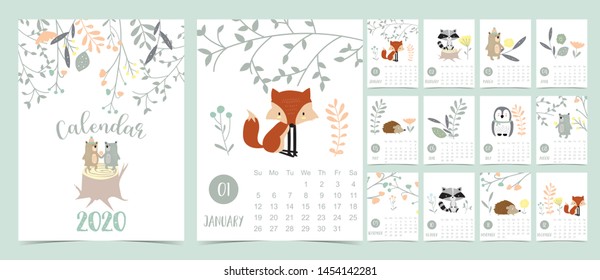 Doodle pastel woodland calendar set 2020 with fox,porcupine,penguin,bear,skunk,flower,leaves for children.Can be used for printable graphic.Editable element