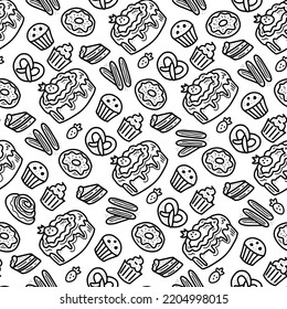 Doodle pastry products seamless background. Hand drawn black and white dessert and snack repeat vector illustration. Food seamless pattern with cake, cupcake, donut, pretzel, churros sketch