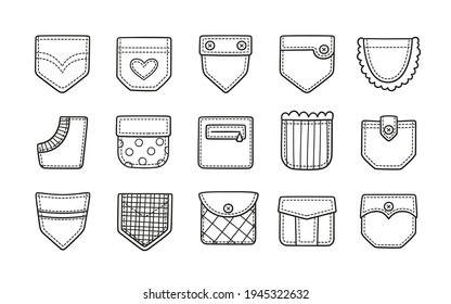 Doodle patch pockets for pants, t-shirts and other clothing. Isolated cartoon vector illustration on white background