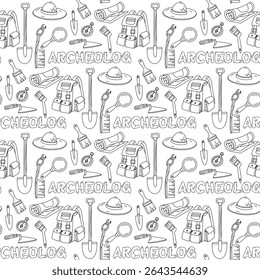 Doodle pattern of archaeologist items with monochrome inscription Archaeologist doodle. Brushes, map, shovel, compass, hat, backpack in seamless texture. for scientific posters, books, articles