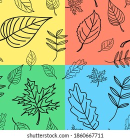 Doodle pattern of autumn leaves on a four-color background isolated background. Design of posters, kitchen textiles, clothing and websites