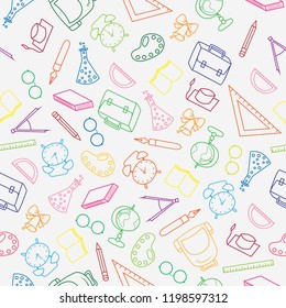 Doodle pattern back to school and education with color thin line icons school supplies on white background.