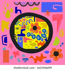 Doodle pattern background with abstract shapes and colors. Modern pattern for funny poster cover template design