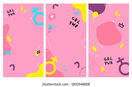 Doodle pattern background with abstract shapes,colors and text. Social media stories and post creative vector set. Background template with copy space for text.Brochure cover template design.Vector