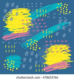 Doodle pattern background. Hand drawn abstract sketch shapes isolated on blue cover.
