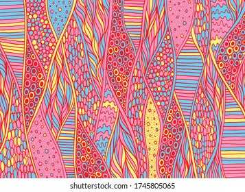 Doodle pattern background. Zentangle art. Trippy pattern. Neon color floral organic ornament. Psychedelic texture. Vector illustration.