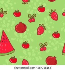 Doodle pattern of berries, vegetables and fruits. Red watermelon, tomatoes, cranberries, pomegranates, strawberries