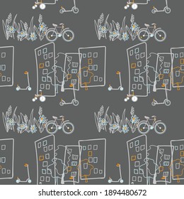 Doodle pattern with bicycles and scooters. Vector pattern is suitable for the design of fabrics, wallpapers, wrapping paper. Great for kids' design.