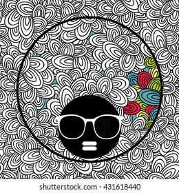 Doodle pattern with black skin woman in sunglasses for coloring. Vector illustration. Portrait of pretty afro girl with cool hair.