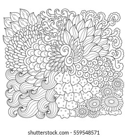 Doodle pattern in black and white. Abstract floral with a maritime theme for coloring book. Decoration in oriental style.